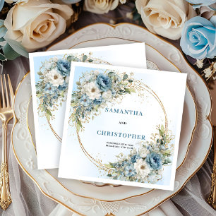 Luxury Dusty Blue Roses Wedding Napkins Gold
