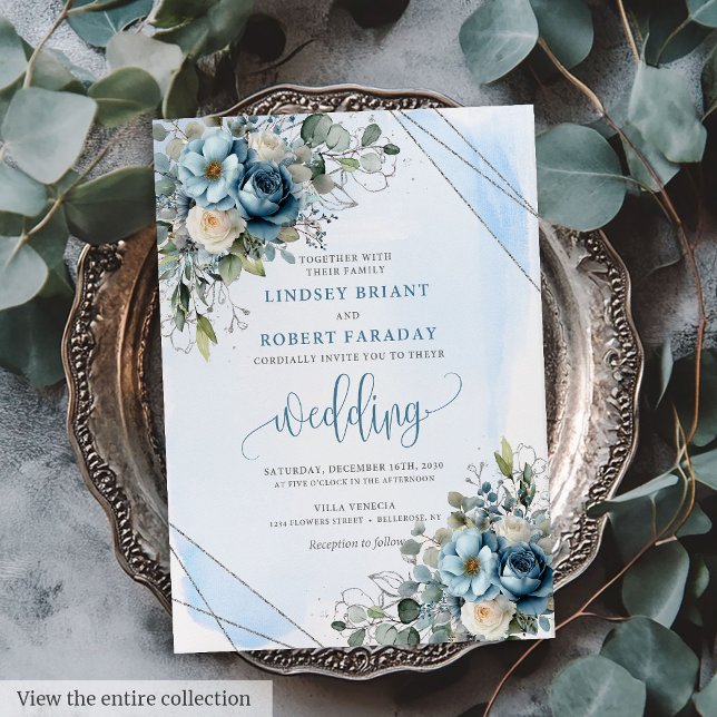 Luxury Dusty Blue Silver Wedding Invitation Card (Luxury Dusty Blue Silver Wedding Invitation Card)