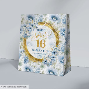 Luxury Dusty Blue Sweet 16 Gold Glitter Gift Bag
