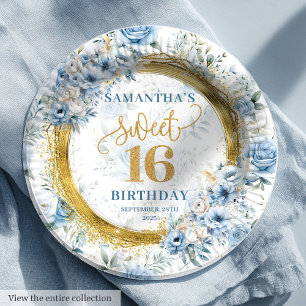 Luxury Dusty Blue Sweet 16 Gold Glitter Party  Paper Plate