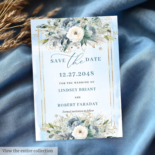 Luxury Dusty Blue White Gold Peonies Save The Date Invitation (Luxury Dusty Blue White Gold Peonies Save The Date)