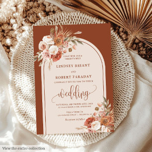 Luxury Dusty Orange Pampas Grass Boho Wedding  Invitation