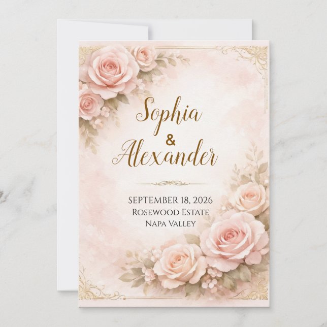 Luxury Dusty Pink Rose Wedding Invitation | Modern (Front)