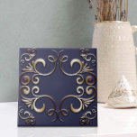 Luxury Elegant Baroque Gold Ornaments on Deep Blue Tile<br><div class="desc">This ceramic tile that exudes an air of elegance and sophistication. The base colour of the tile is a deep blue, providing a rich backdrop for the intricate designs embossed on it. These designs, rendered in luxurious gold tones, consist of graceful curves and swirls that form a symmetrical pattern. Four...</div>