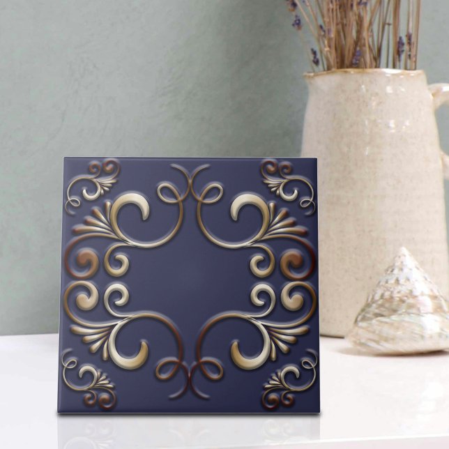 Luxury Elegant Baroque Gold Ornaments on Deep Blue Tile (Creator Uploaded)