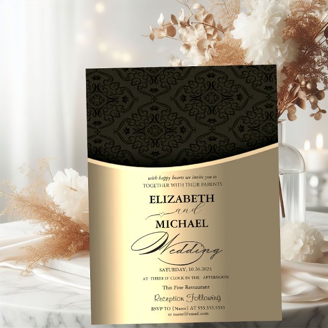 Luxury Elegant Black Damask Gold Wedding Invitation (Creator Uploaded)