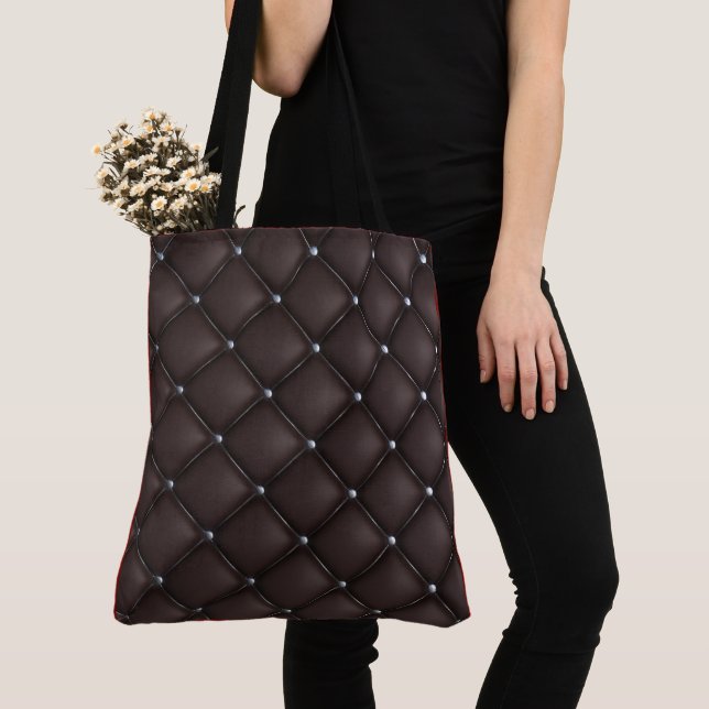 Luxury Elegant Black Gold Quilted Leather Pattern Tote Bag (Close Up)