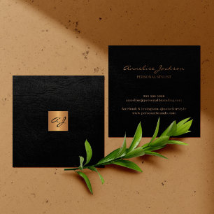Luxury elegant black leather copper gold monogram square business card