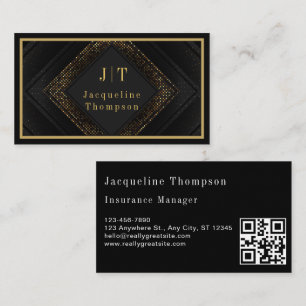 Luxury elegant black leather gold monogram qr code business card