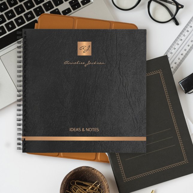 Luxury elegant black leather gold monogrammed notebook (Creator Uploaded)