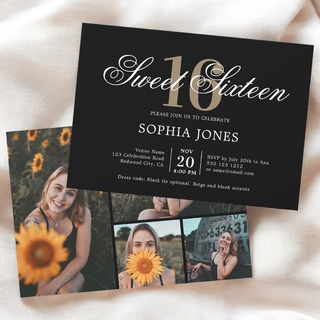 Luxury Elegant Black Sweet 16 Photo Invitation (Creator Uploaded)