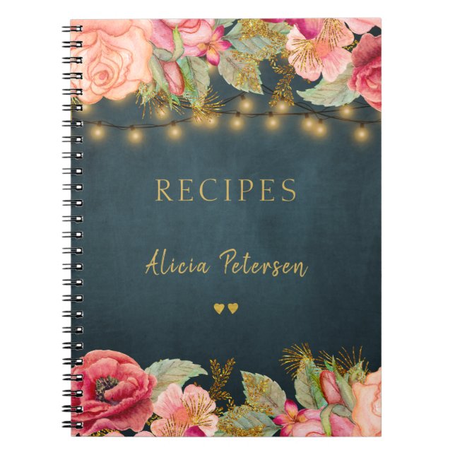 Luxury elegant blush navy gold floral recipe book (Front)