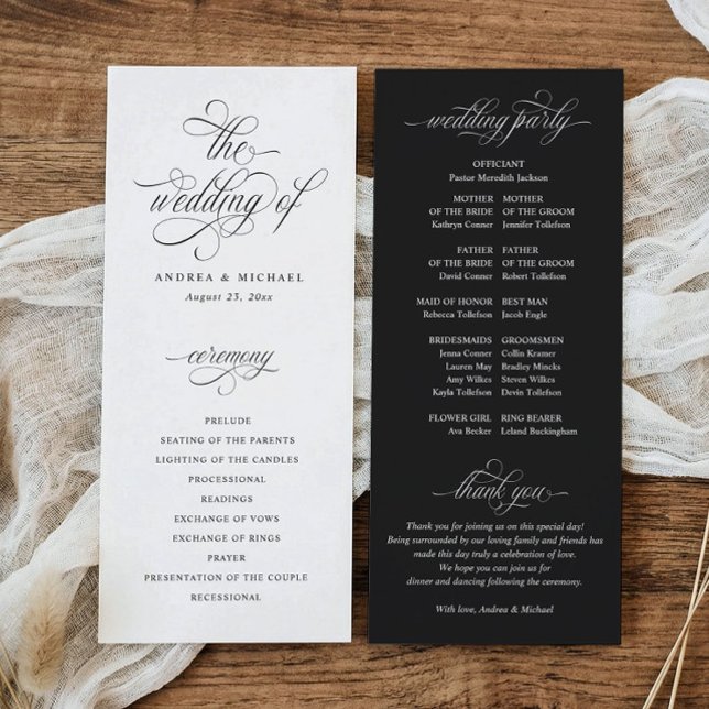 Luxury Elegant Calligraphy Old Money Wedding Programme (Elegant black and white old money wedding program with classic calligraphy and ceremony order.)