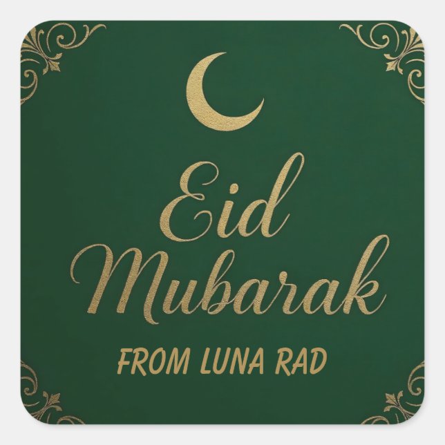 Luxury Elegant Eid Mubarak Greeting in Green Square Sticker (Front)