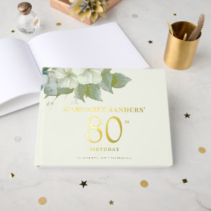 Luxury elegant floral gold 80th birthday guest book