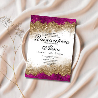 Luxury Elegant Fuchsia Hot Pink & Gold Quinceañera Invitation