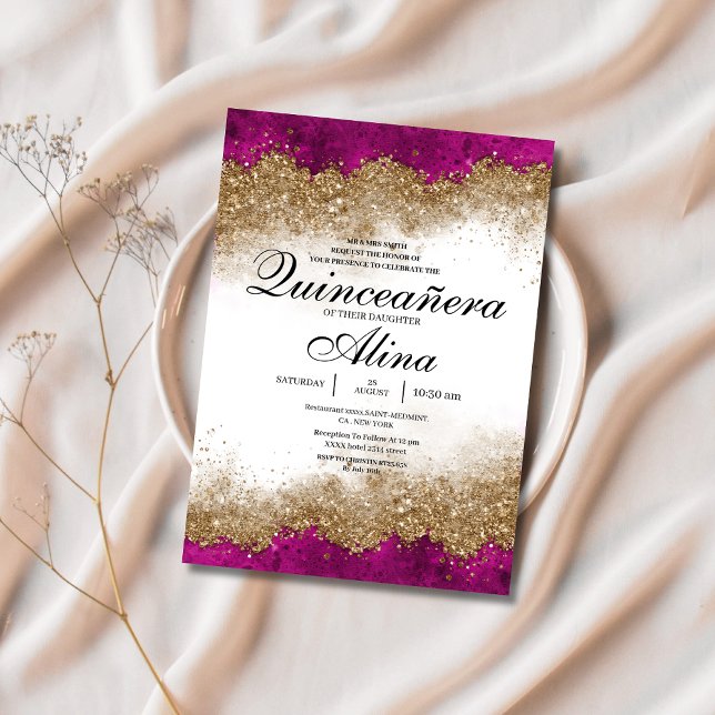 Luxury Elegant Fuchsia Hot Pink & Gold Quinceañera Invitation (Creator Uploaded)