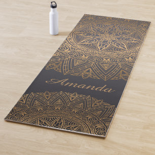 Luxury Elegant Gold Black Mandala Design Name Yoga Mat