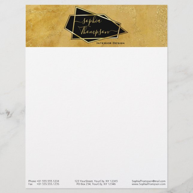 Luxury Elegant Gold Glitter Marble Script Custom Letterhead (Front)