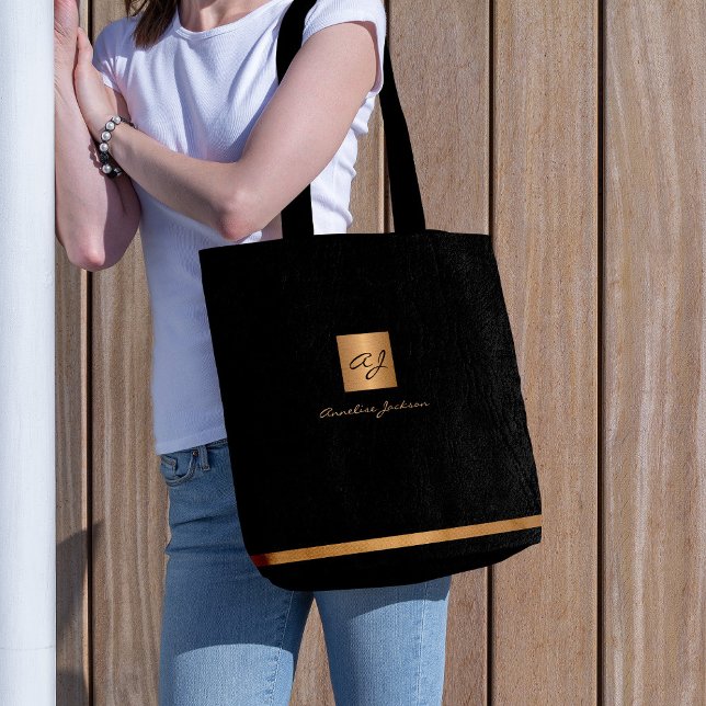 Luxury elegant gold modern black monogrammed tote bag (Creator Uploaded)