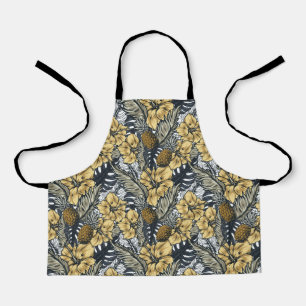 Luxury Elegant Gold N' Black Tropical Flowers Apron