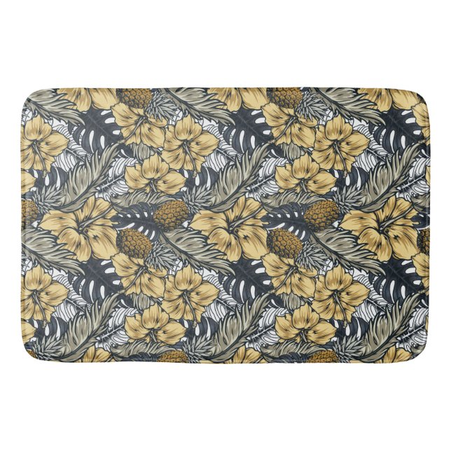 Luxury Elegant Gold N' Black Tropical Flowers Bath Mat (Front)