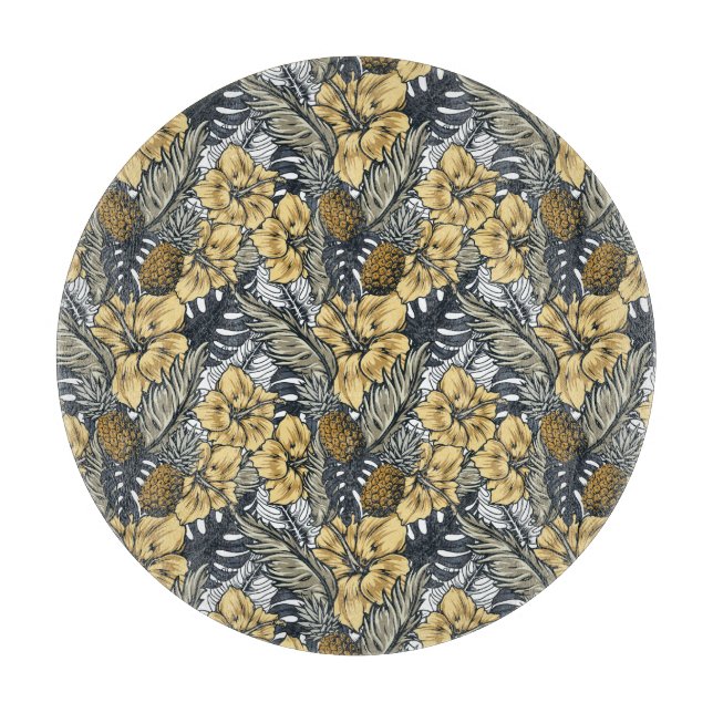 Luxury Elegant Gold N' Black Tropical Flowers Cutting Board (Front)