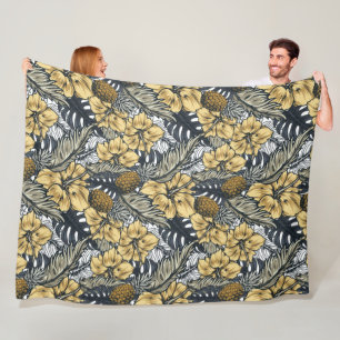 Luxury Elegant Gold N' Black Tropical Flowers  Fleece Blanket