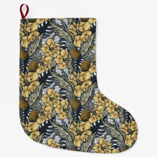 Luxury Elegant Gold N' Black Tropical Flowers Large Christmas Stocking