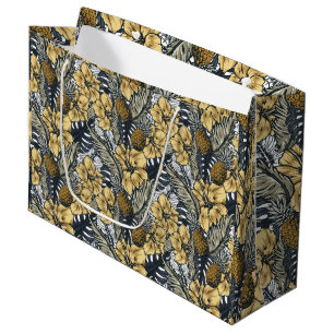 Luxury Elegant Gold N' Black Tropical Flowers Large Gift Bag
