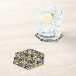 Luxury Elegant Gold N' Black Tropical Flowers Paper Coaster