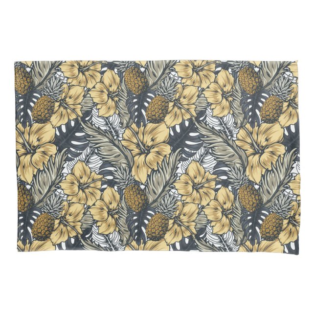 Luxury Elegant Gold N' Black Tropical Flowers Pillowcase (Front)
