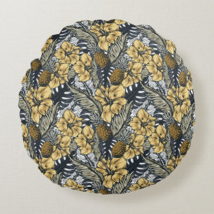 Luxury Elegant Gold N' Black Tropical Flowers Round Cushion