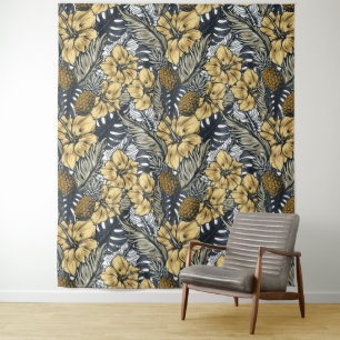 Luxury Elegant Gold N' Black Tropical Flowers Tapestry