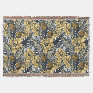Luxury Elegant Gold N' Black Tropical Flowers Throw Blanket