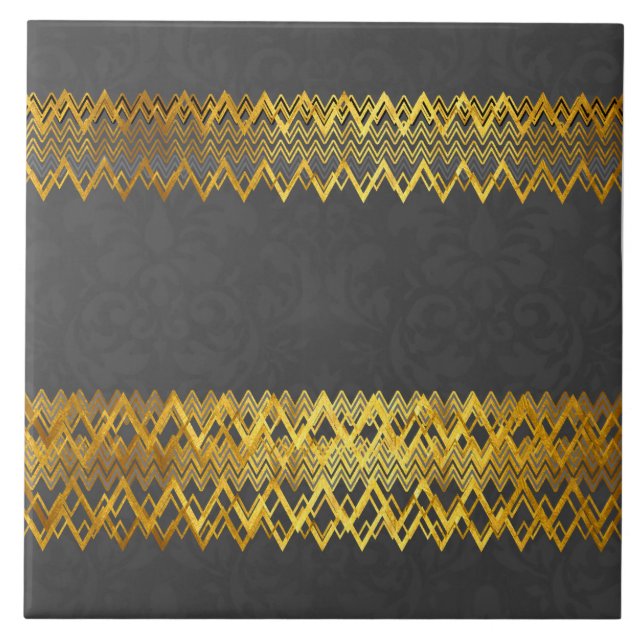 Luxury, elegant, gold zig zag lines, grey damasc tile (Front)