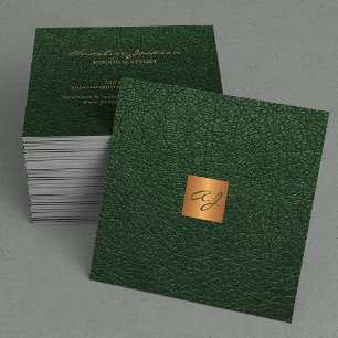 Luxury elegant green leather copper gold monogram square business card