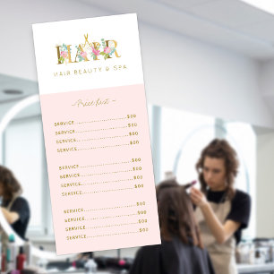 Luxury elegant hair salon pink gold service menu