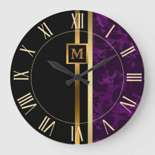 Luxury Elegant Modern Black Gold Marble Large Clock