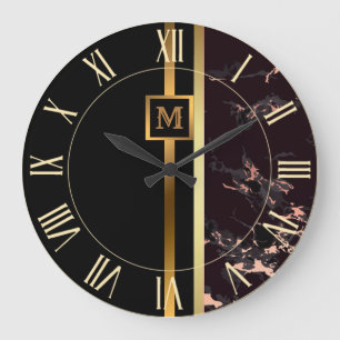 Luxury Elegant Modern Black Gold Marble Large Clock