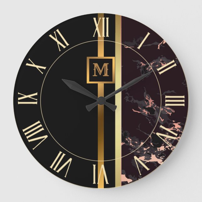 Luxury Elegant Modern Black Gold Marble Large Clock (Front)