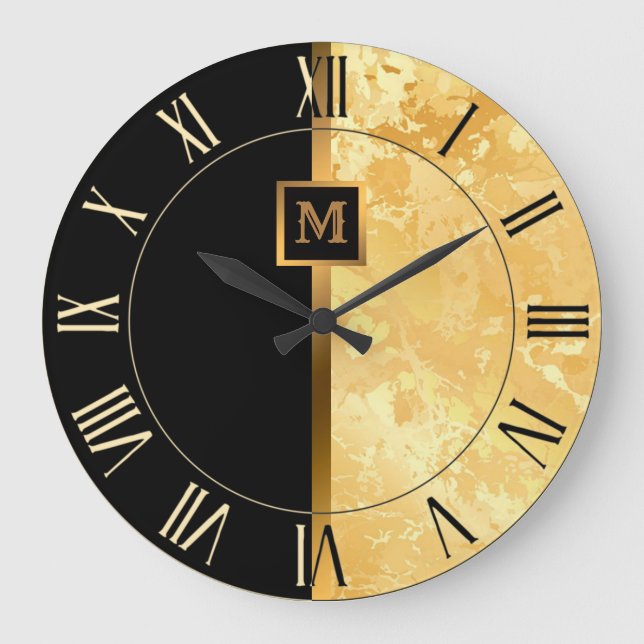 Luxury Elegant Modern Black Gold Marble Large Clock (Front)