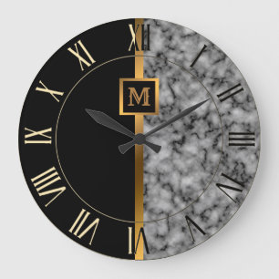 Luxury Elegant Modern Black Gold Marble Large Clock