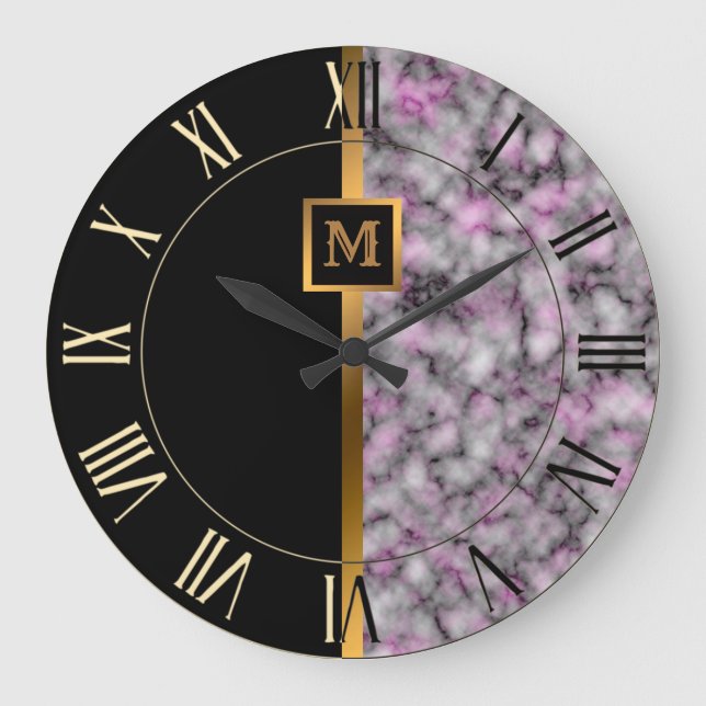 Luxury Elegant Modern Black Gold Marble Large Clock (Front)