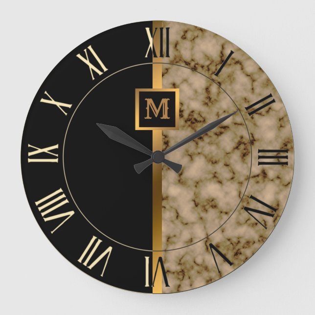 Luxury Elegant Modern Black Gold Marble Large Clock (Front)