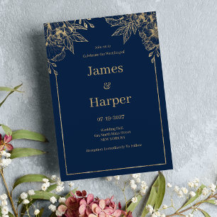 Luxury elegant navy blue gold floral Wedding Invitation
