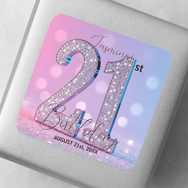 Luxury Elegant Pink Diamonds 21st Birthday Square Sticker (Creator Uploaded)