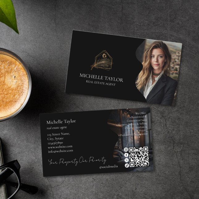 Luxury Elegant Real Estate Realtor Photo Gold Business Card (luxury gold and black real estate agent business card with your photo and business card)