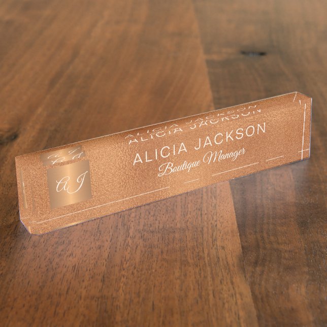 Luxury elegant rose gold copper glitter monogram nameplate (Side)