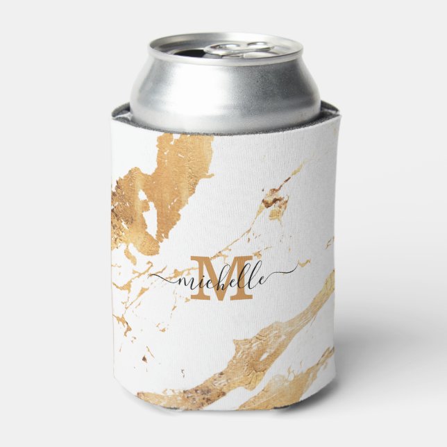 Luxury Elegant Script Monogram White Gold Marble Can Cooler (Can Front)